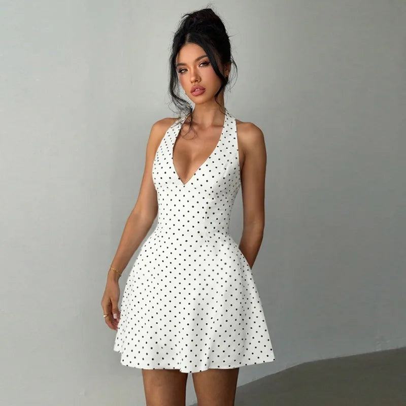 Polka Dot Printed Halter Dress Women's Sexy V neck Backless Mini Dress High Waist Bodycon Summer Fashion Vacation Dress