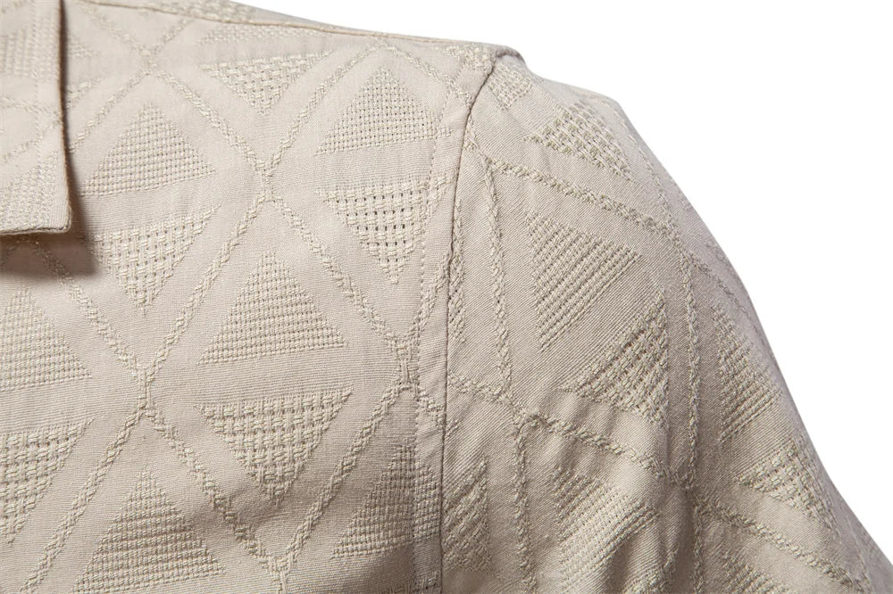 100% katoenen jacquard herenoverhemden met korte mouwen - effen kleur, omgeslagen kraag, casual zomeroverhemden voor heren
