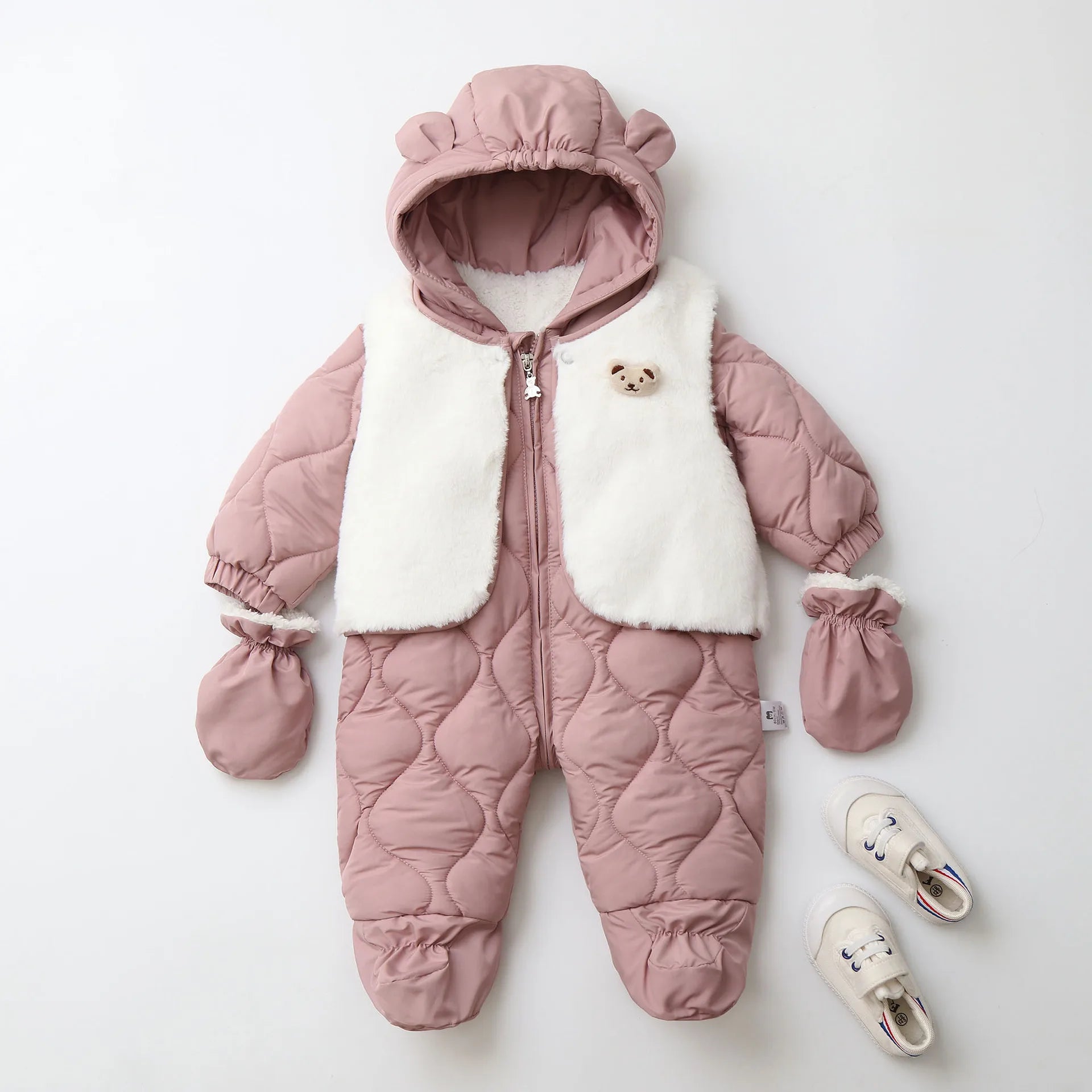 Baby's 2Pcs Winter Warm Clothes Thicken Fleece Rompers Jumpsuits Fur Lining Footie and Vest Snowsuit For Toddlers 0-2Y