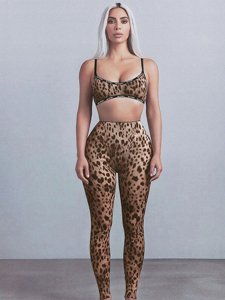 Stretch Women 2 Piece Set Activity Leopard Print Sexy Tracksuit Streetwear Sporty Camisole Vest + Leggings Skinny Outfits