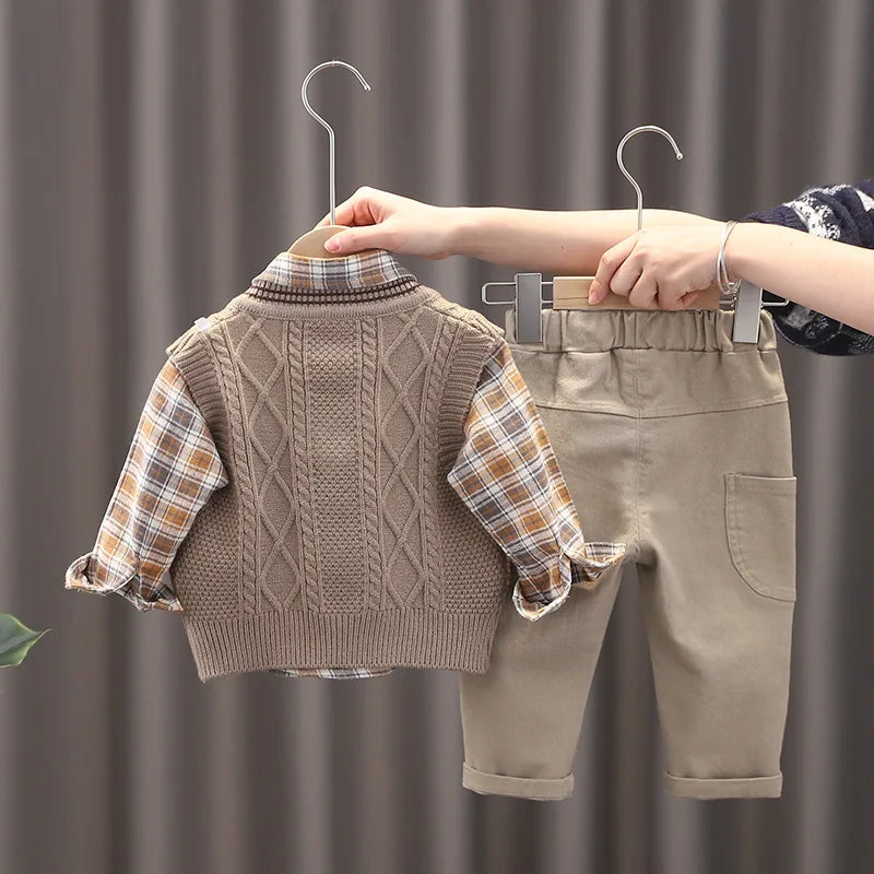 3-delige lente kinderkledingset, schattig dun vest + blouse + broek, meisjes, kleurblok, raster, bovenkleding, 1-3 jaar, unisex