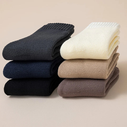 5 Paar Herrensocken aus Merinowolle, Winter, verdickte, warme Kaschmirsocken, modische Frotteesocken in Volltonfarbe