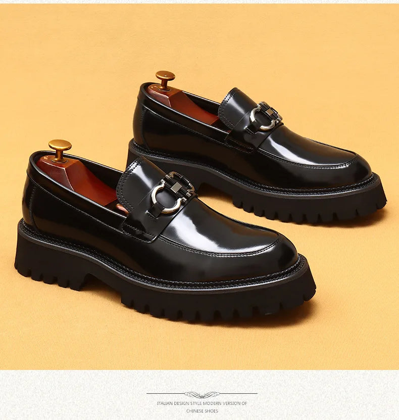 Cow Leather British Loafers Men Glossy Leather Business Casual Heightening Shoes - Non-Slip Tire Soles Dress and Round Toe Shoes