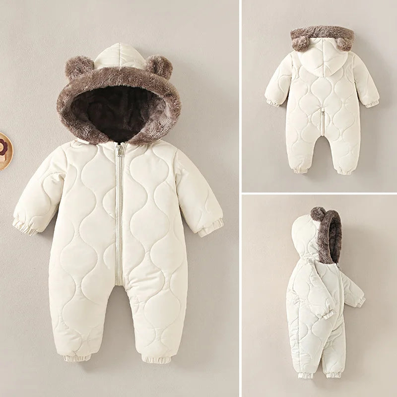 Baby's Winter Warm Clothes Fur Lining Rompers Fur Hoodie Jumpsuit Thicken Fleece Toddler Outfit 0-2Y