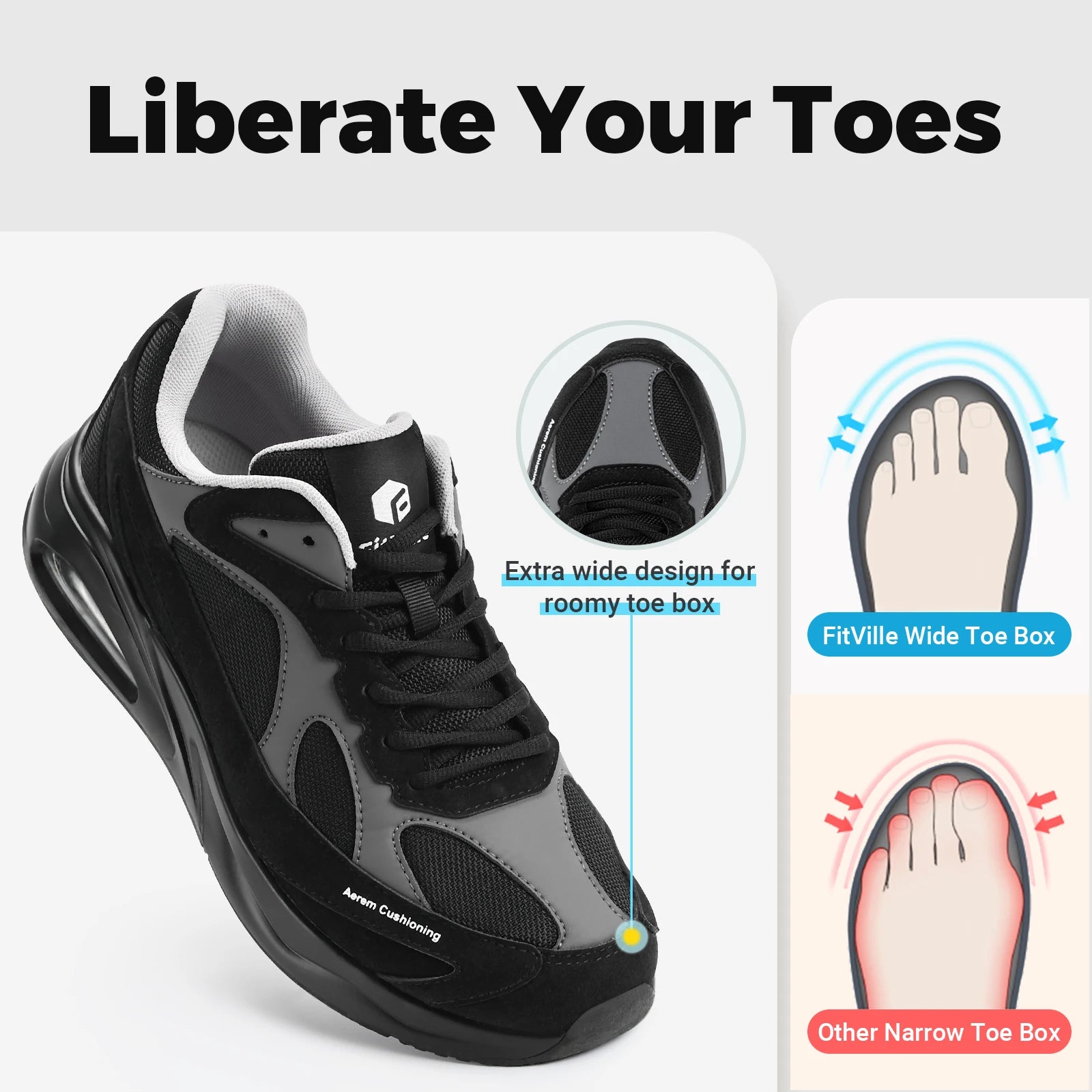 Men's Extra Wide Walking Shoes Wide Cushioned Sports Shoes For Swollen Feet Flat Feet Arch Fit Relieve Heel Pain Black