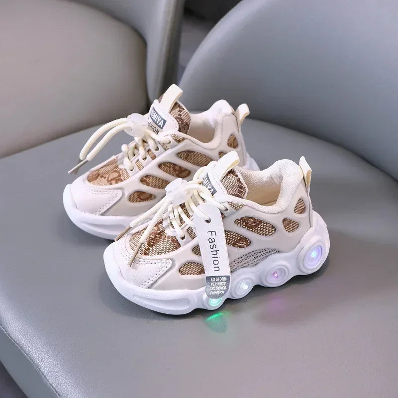 Kids LED Light Up Sneakers - Glow Boys 1-6 Years Breathable Mesh Sporty Shoes Casual Letter Webbing Luminous Footwear