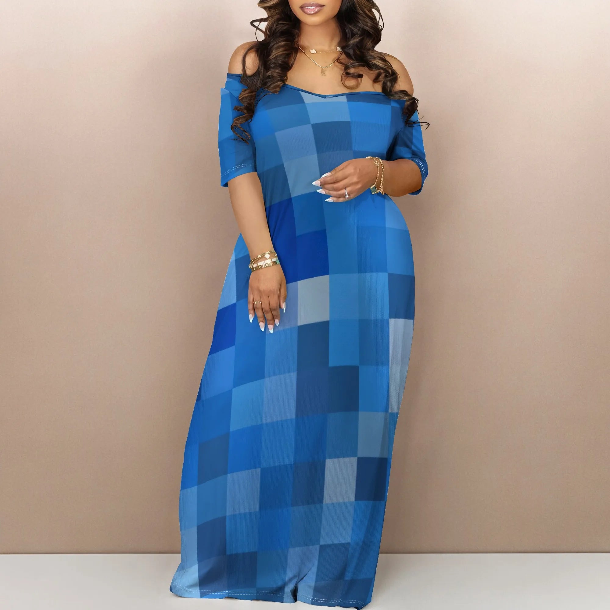 Summer Maxi Dress Women Off Shoulder Plaid Print Pocket Short Sleeve Dress