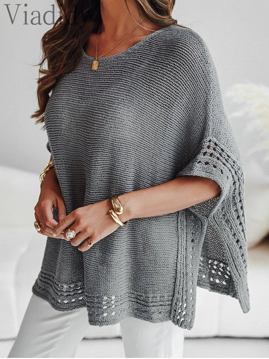Solid Batwing Sleeve Hollow-out Top Pullovers Casual Cover Up