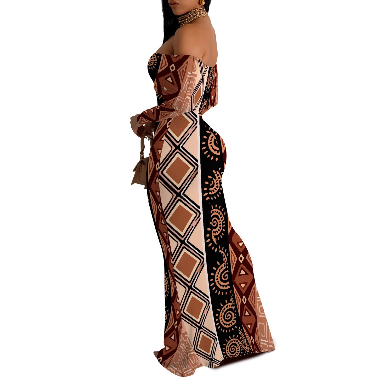 Off Shoulder Maxi Dress Blue Purple Glitter Print Bodycon Long Sleeve Gown