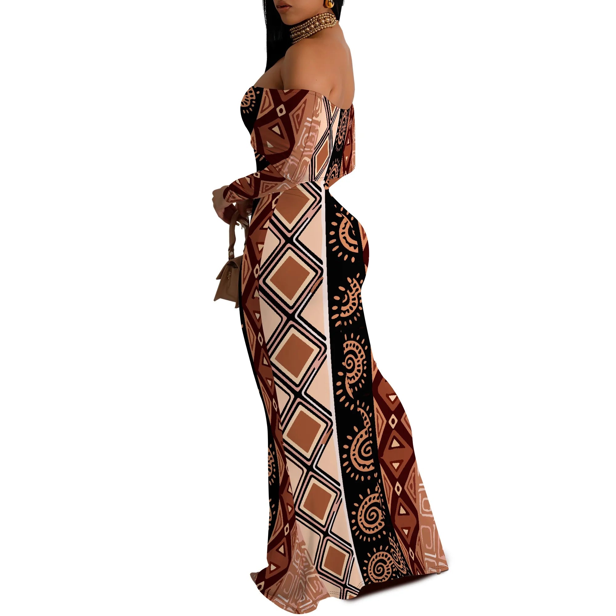 Off Shoulder Maxi Dress Blue Purple Glitter Print Bodycon Long Sleeve Gown