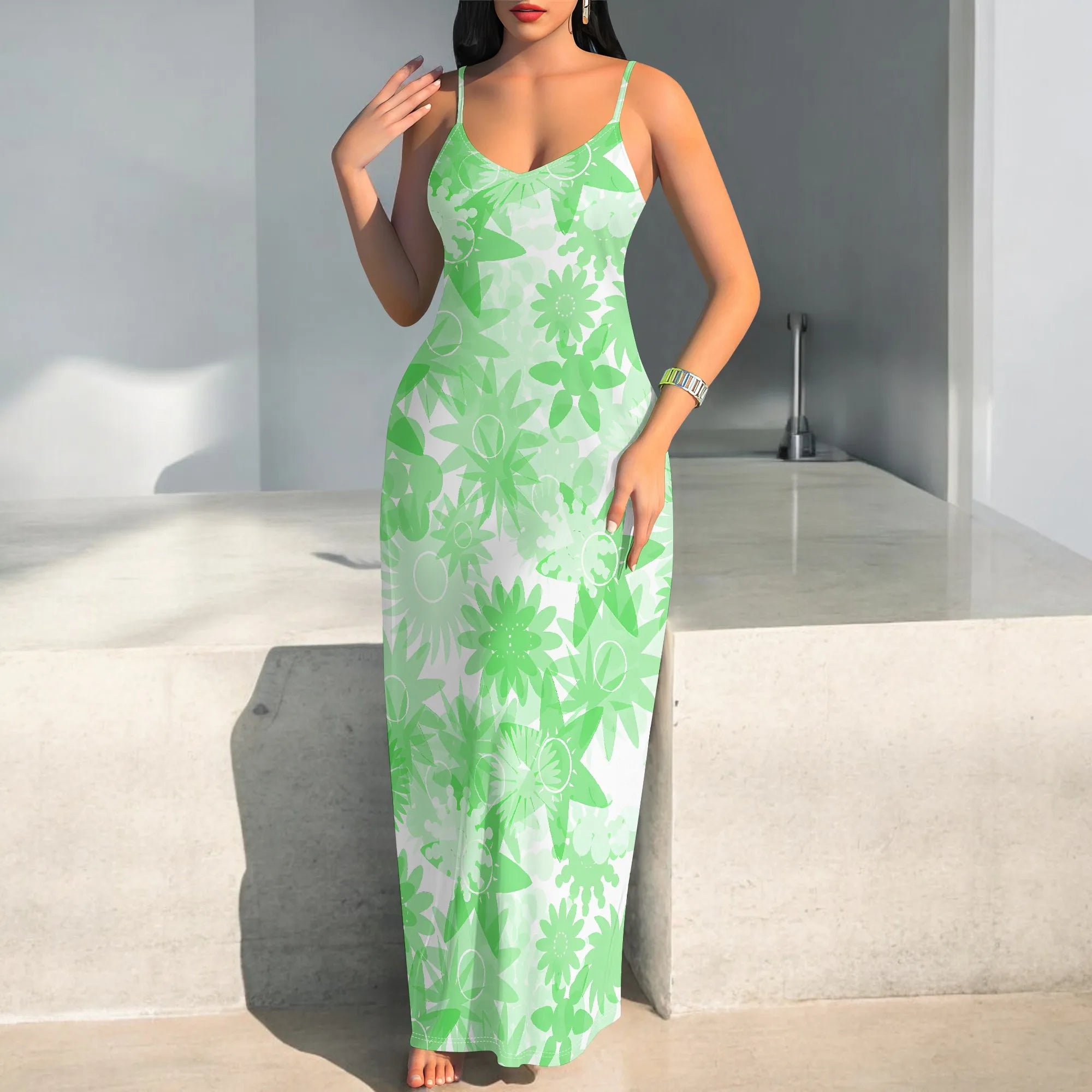 Summer Vacation V Neck Spaghetti Strap Maxi Dress Green Abstract Floral Print Beach Sundress