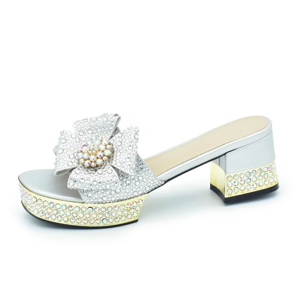 Fashion Crystal Women's Dress Pumps Open Toe Ladies Sandals with Heels African Women Wedding Shoes Decorated with Rhinestone