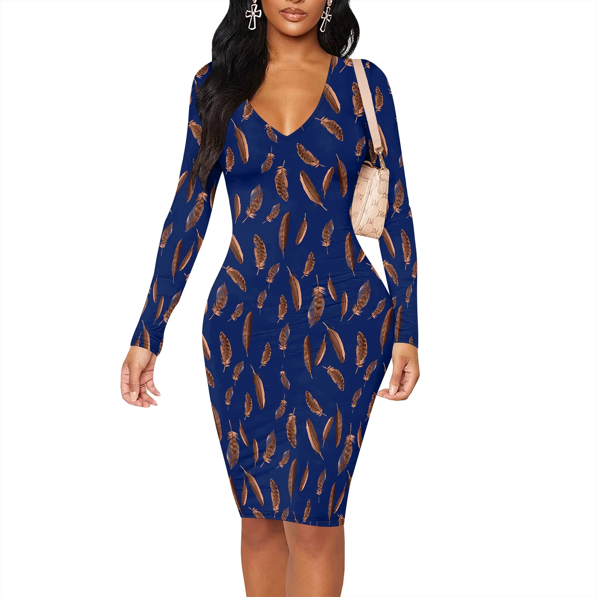 Womens Bodycon White Dark Blue line Flower Print Round Neck Ruffle Ruched Party Knee Length Pencil Dress