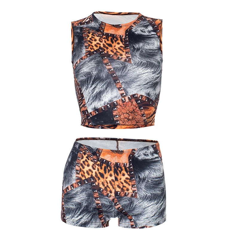 Colourful Print 2 Piece Set Women Casual O-Neck Tank Tops + Skinny Shorts Matching Hottie Sexy Sporty Activity Tracksuit