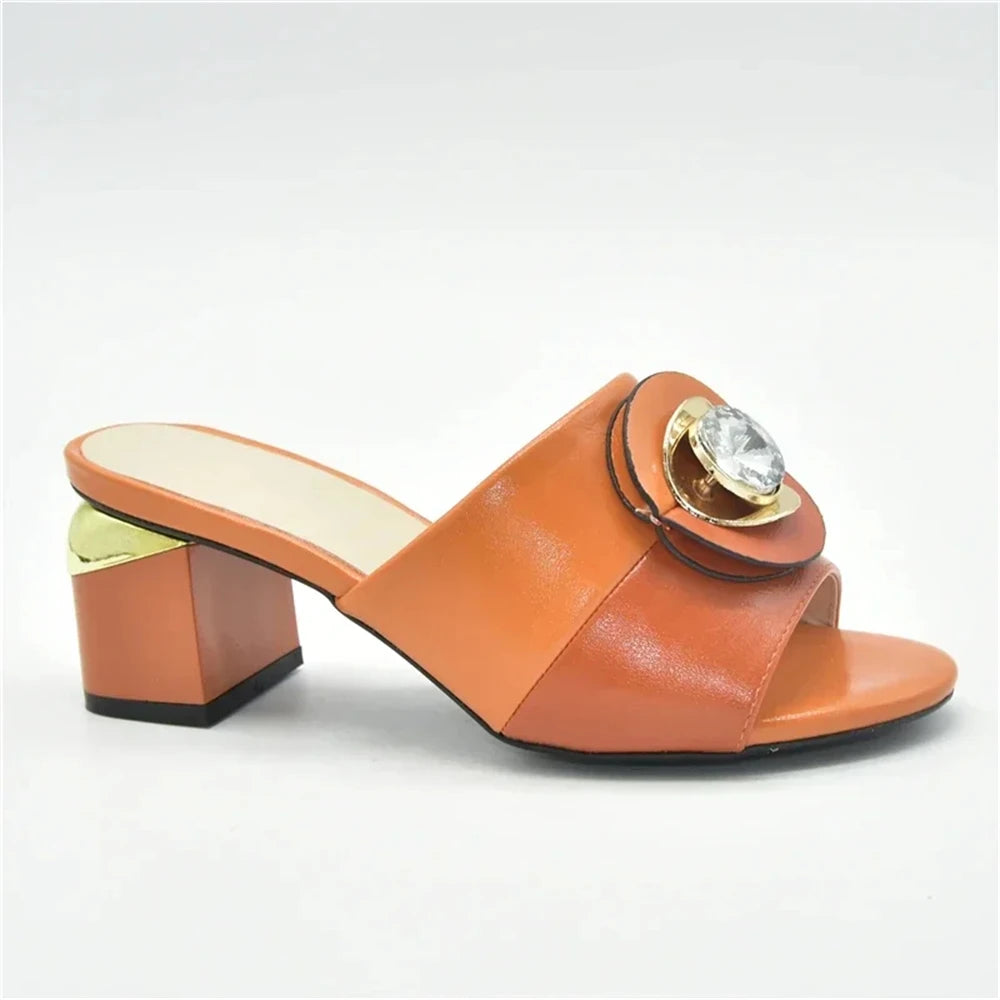 Women's Italian High Heel Slippers Shoes with Metal Trim and Rhinestones for Ladies Suitable for Autumn Wedding