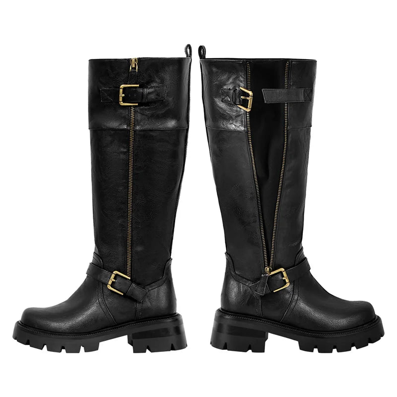 Women Buckle Gothic Black Knee High Boots Heeled Metal Side Zipper Fashion Matte  Modern Winnter Boots