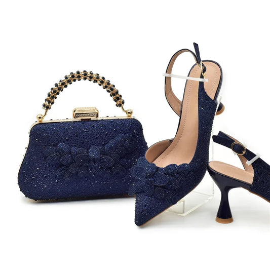 Women's Rhinestones-Decorated Party Luxury Italian Pointed Toe Shoes and Bag Set for Ladies' Wedding Pumps With High Heel