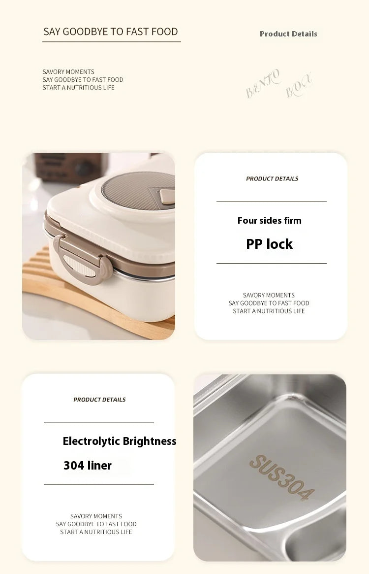 304 Stainless Steel Microwave Safe Partitioned Bento Box - Large Capacity Lunch Container for Students & Office Workers