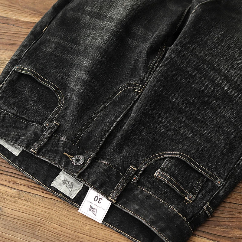 Herfst Nieuwe Amerikaanse Retro Zware Zwarte Denim Stretch Jeans Heren Eenvoudige Gewassen Oude Casual Rechte Slanke Potloodbroek