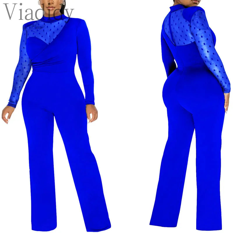 Women Dot Mesh Patchwork Long Sleeve Straight Jumpsuit