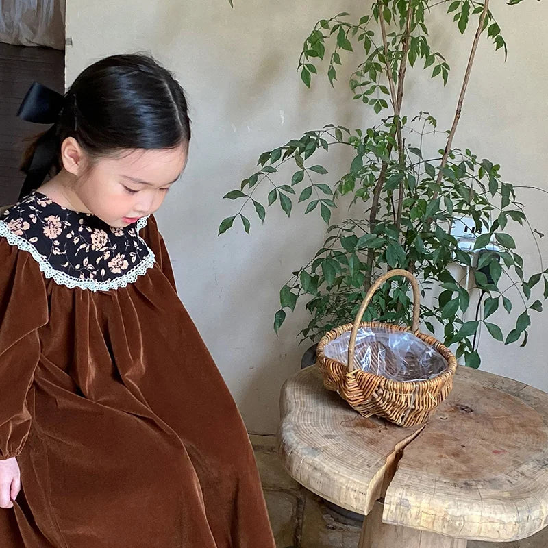 Autumn Velvet Vintage Style Kids Long Dress for Girls Floral Round Collar Princess Kids Clothes Dresses 2-6 Years