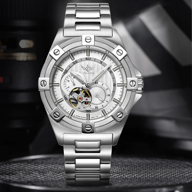 Yelang V1024 Men's 44mm Automatic Mechanical Watch Luminous 100m Water Resistant Japan Miyota 82S7 Movement Stainless Steel Band