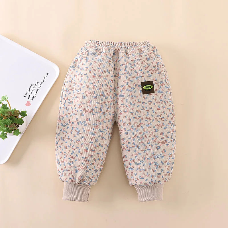 2024 New Children's Pants Girls Wheat Ear Printed Thick Trousers Winter Fur Lining Boys Warm Casual Pants 0-5Y Unisex
