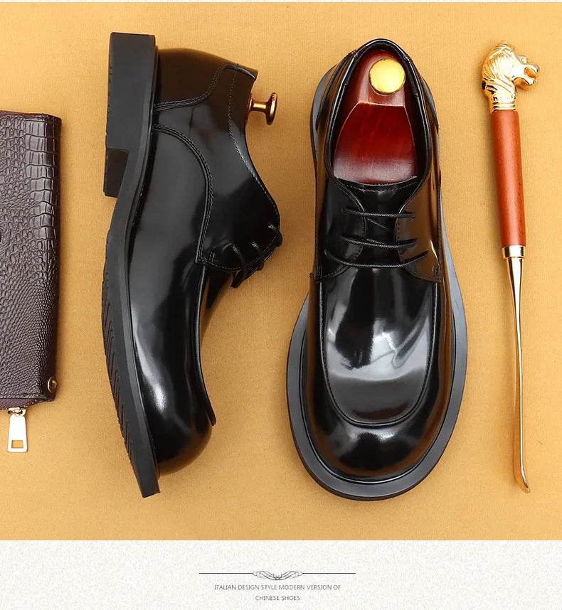 Men's business lace up casual leather shoes British big toe shoes cowhide patent leather round toe derby shoes Retro men's shoes