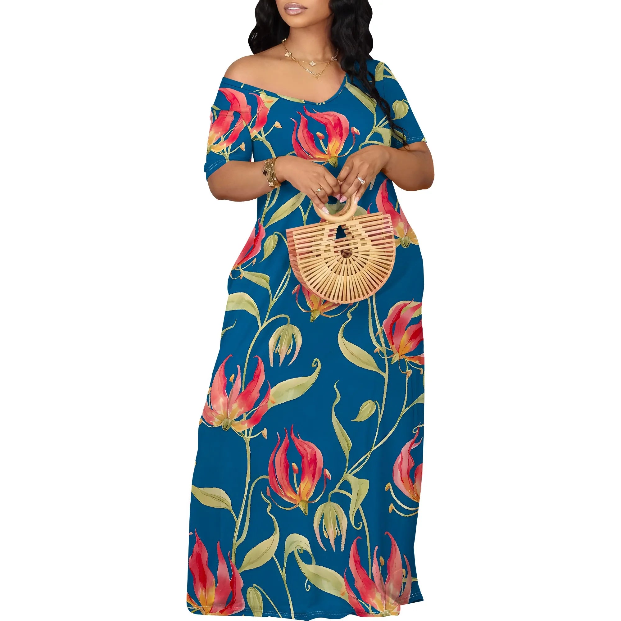 Floral Off Shoulder Maxi Dress Blue Background Summer Holiday Garden Style