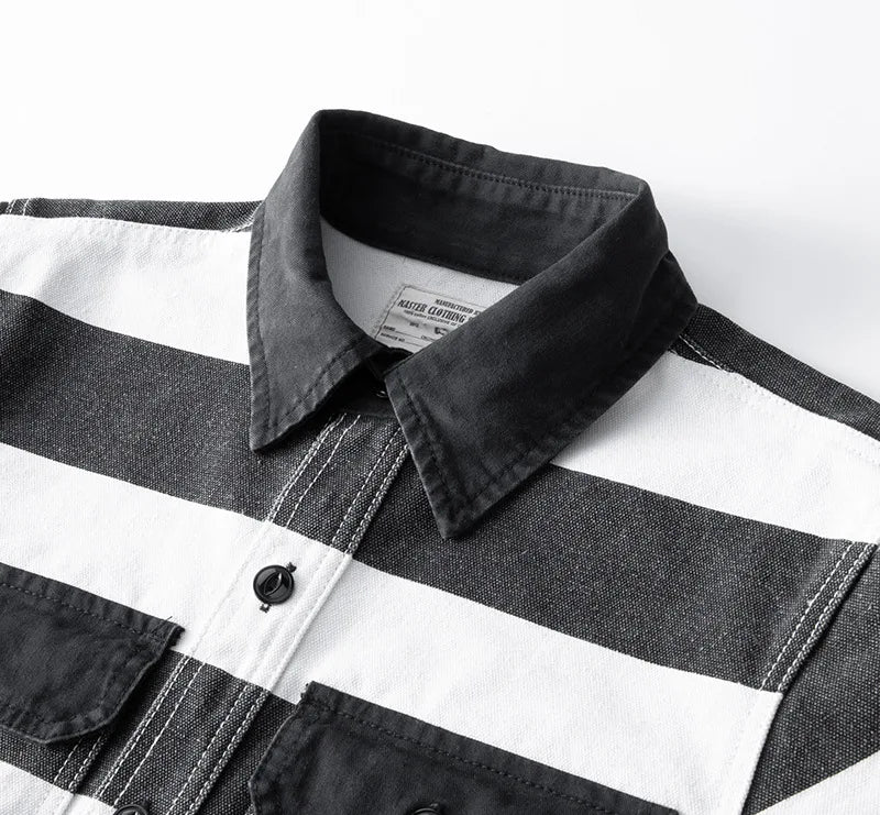 Herfst Nieuwe Amerikaanse Retro 16oz Zwaargewicht Gevangenis Gestreepte Jas Herenmode Puur Katoen Gewassen Dikke Canvas Motorjas
