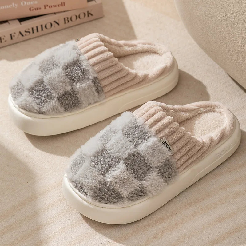 Women's Winter Warm Fur Fuzzy Slippers For Ladies With Pineapple Lattice Soft and Non-Slip Sole Plush Fluffy Cotton Ladies' Shoes