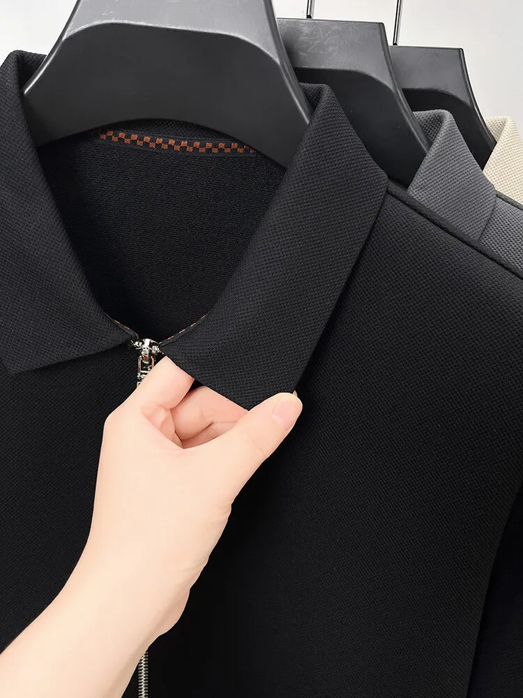 Men's Solid Colour Business Casual Autumn and Winter Jacket, Suitable For Daily Commuting, Stretchy Knitted Zip-Up Male Cardigan
