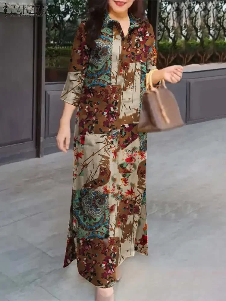 Women 3/4 Sleeve Long Dresses Autumn Fashion Lapel Neck Cotton Shirtdress Vintage Floral Print Maxi Shirt Dress