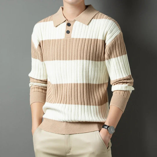 Men's Polo Shirt Luxury Pullover Sweater Fashion Thick Warm Sweater Striped Casual T-shirt, Male Top Loose Knitwear