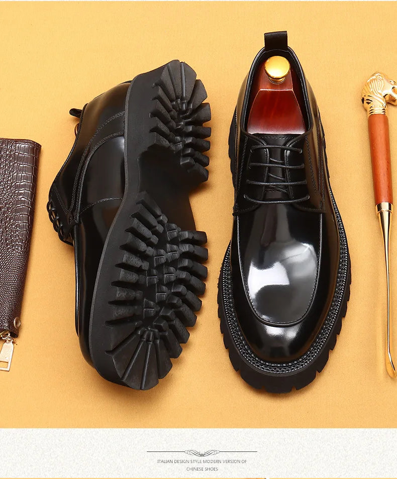 Designer Men's Leather Shoes With Thick Soles Round Toe Glossy Leather Business Dress and Waxed Cowhide Lace-Up British Shoes