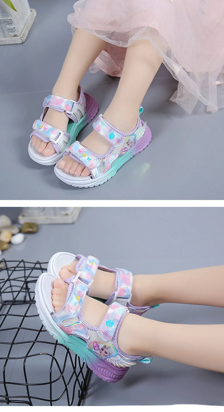 Disney Children Shoes Summer Elsa Girls Mesh Beach Sandals Fashion Frozen Princess Soft Bottom Light Peep Toe Sandals Size 26-36