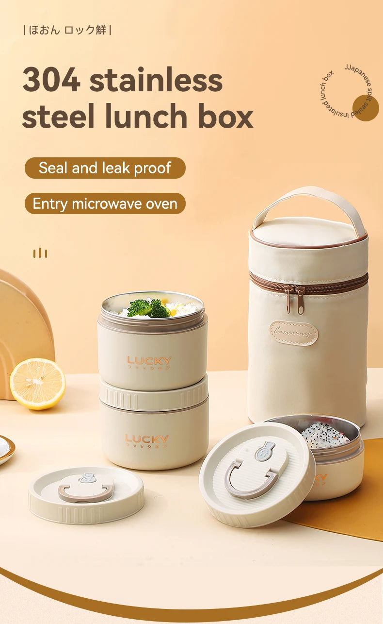 WORTHBUY Bento Lunch Box Set, Portable Keep Warm Lunch Container With Insulated Bag, 18/8 Stainless Steel Thermal Food Container