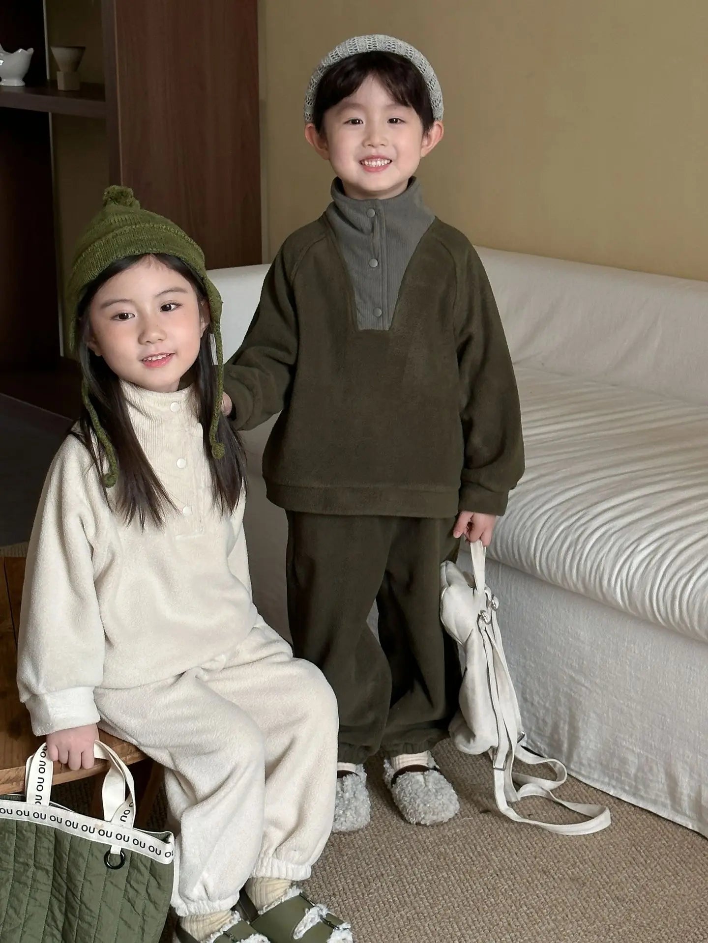 Unisex 2Pcs Autumn Winter Warm Clothing Set Fleece Hoodie and Pants Suit Turtleneck Double Fleece Kids Tracksuit