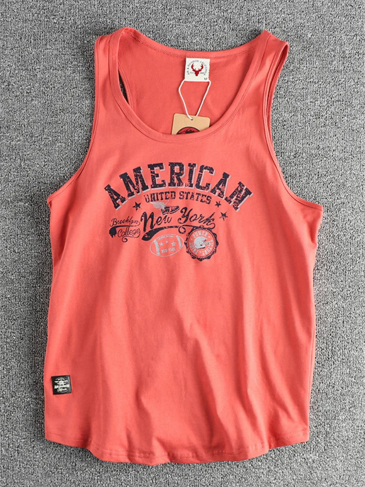 Summer New American Retro Sleeveless O-neck Letter Printed T-shirt Men's Fashion 100% Cotton Washed Casual Sports Vest Tops