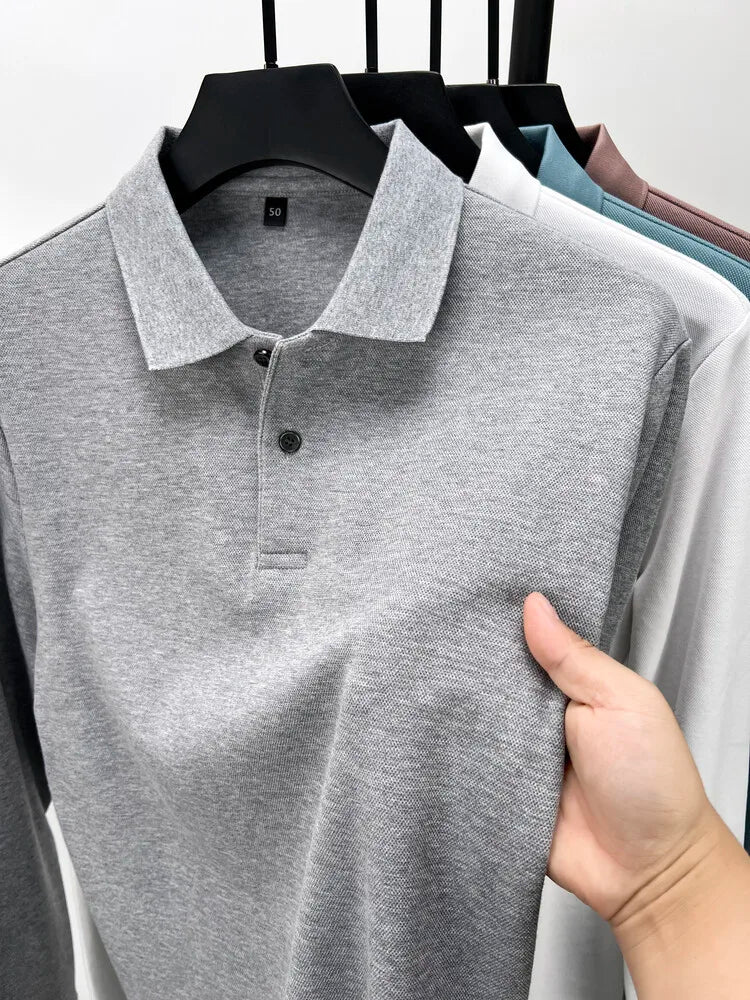 Men's 100% Cotton Polo Shirt, Four Seasons Universal Leisure Long Sleeve, Breathable Lapels T-shirt, Perfect and Durable for Golf Sports