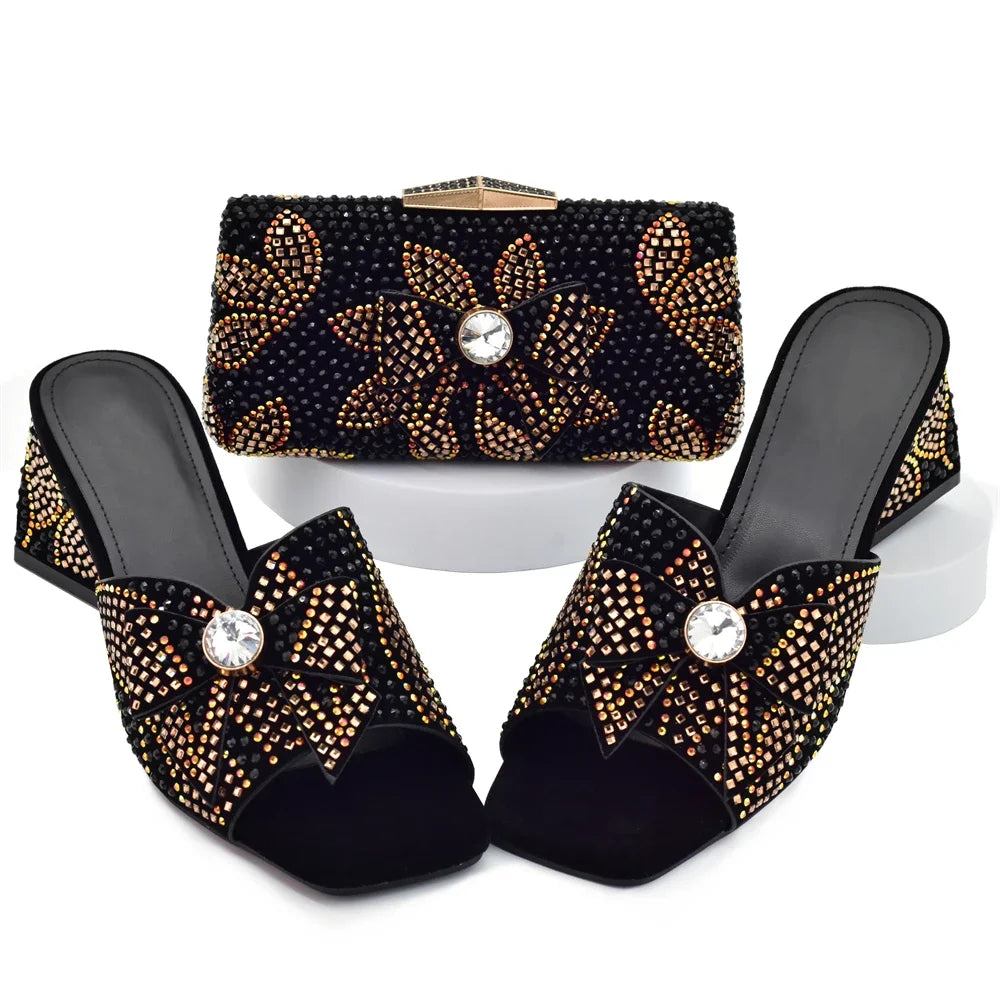 Nigeria Popular Design African Ladies Shoes and Bag Set Decorated with Rhinestone Wedding Shoes Bride Peep Toe Low Black Heels