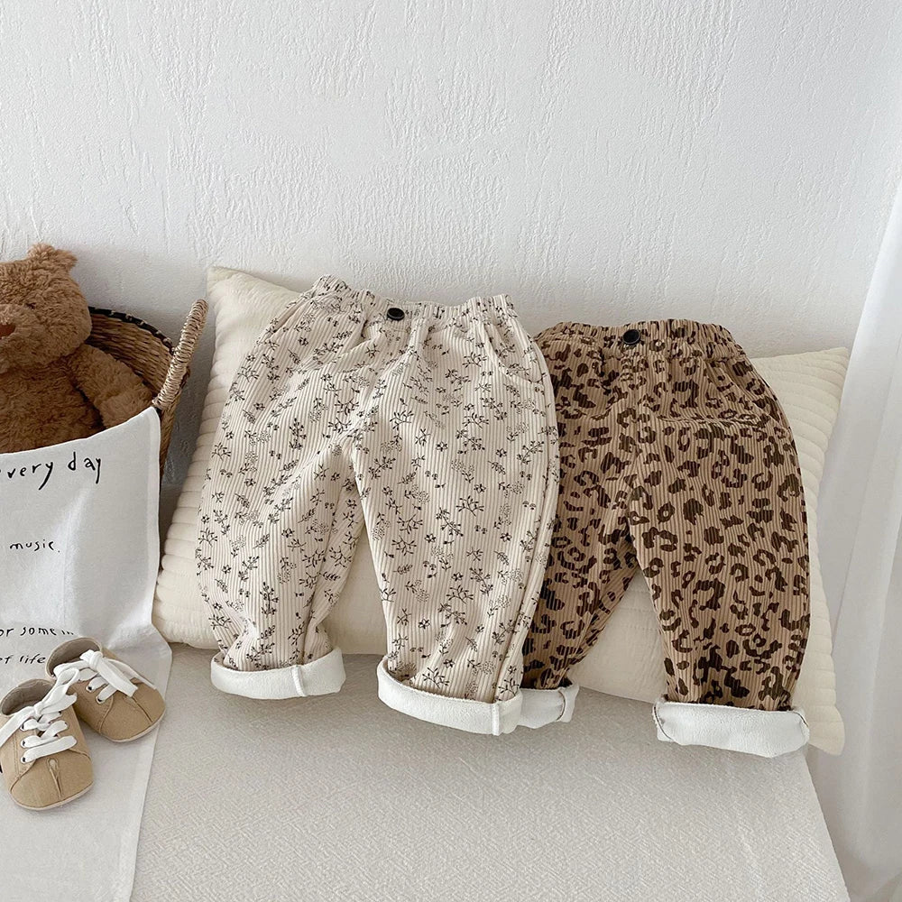 Autumn Kids Baby Pants Thickened Fleece Lining Floral Girls Trousers Warm Fashion Leopard Print Boys Pants Outwear 1-5Y Unisex