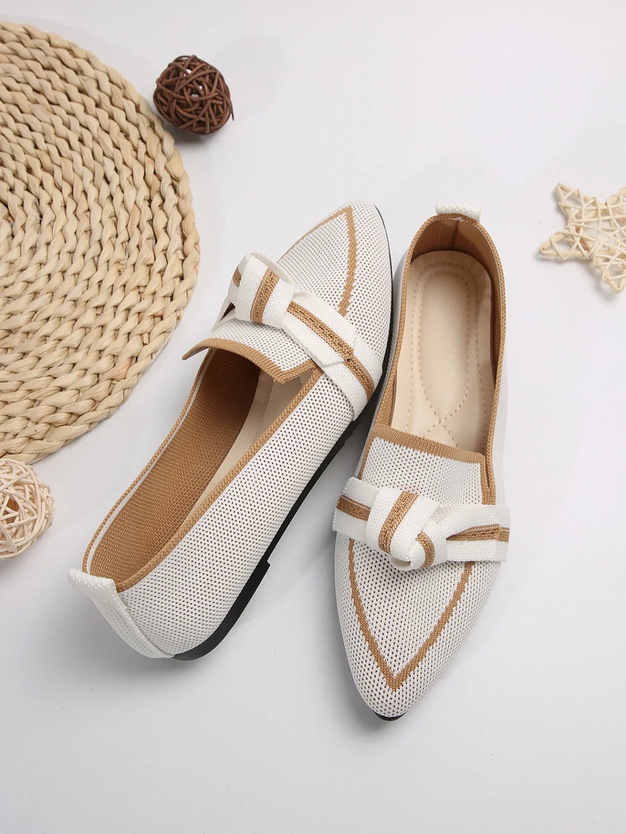Women's Spring and Autumn Outfit Pointed Flat Breathable Casual Knot Shoes Women's Blue Pregnant Women's Low Heel Moon Shoes
