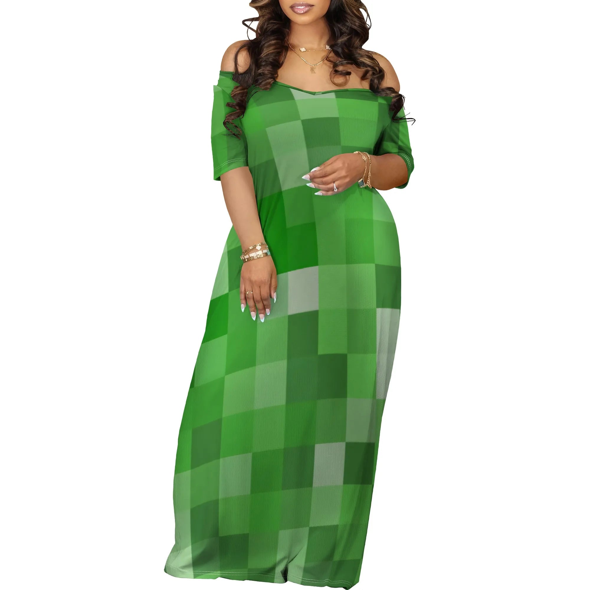 Summer Maxi Dress Women Off Shoulder Plaid Print Pocket Short Sleeve Dress