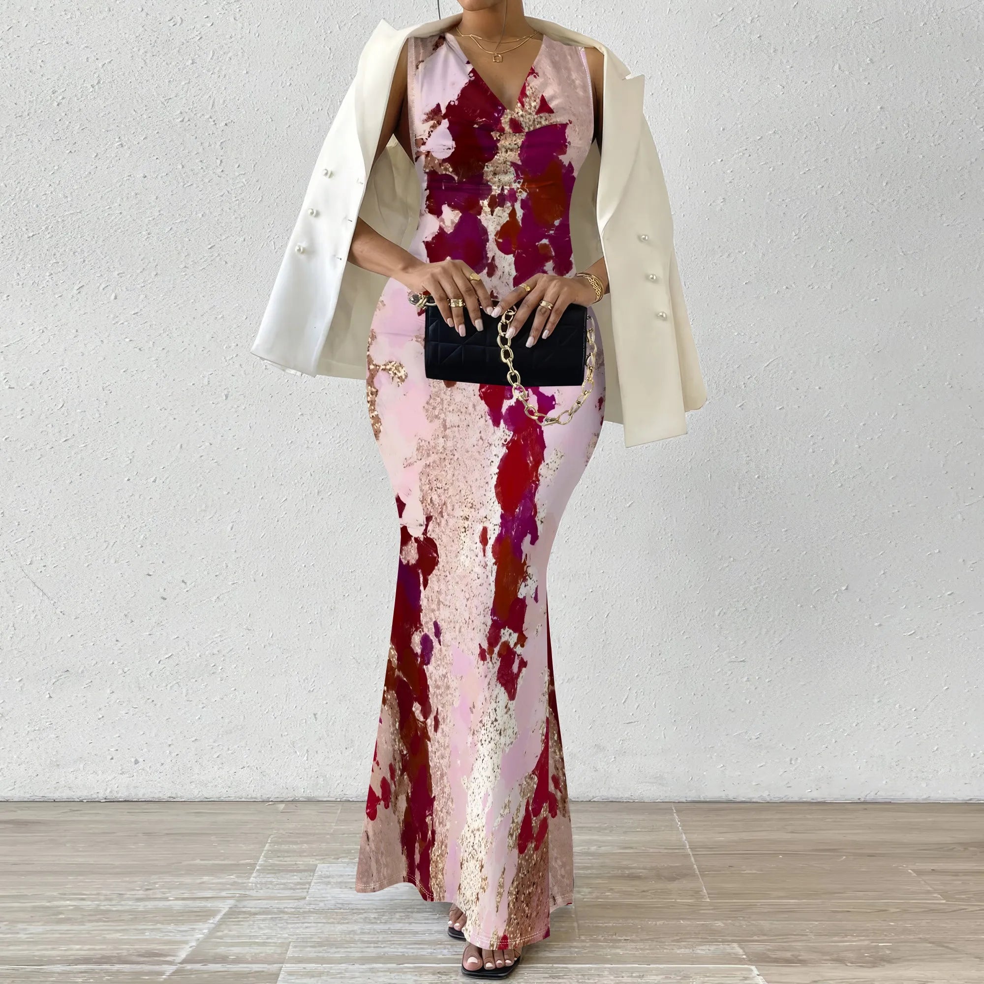 Women's V-Neck Sleeveless Maxi Dress Abstract Artistic Print Elegant Summer Party Dress