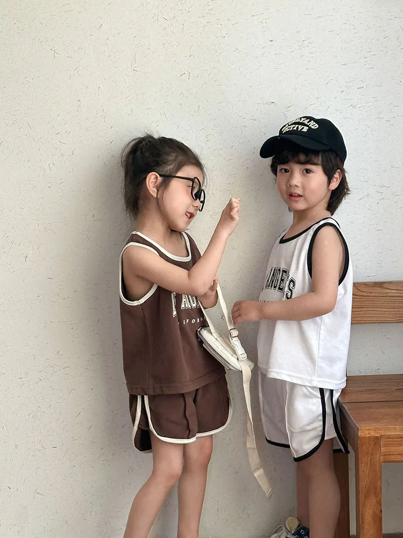 New Summer Kids Clothes Set Children Thin Style Letter Sports Suit Girls Tank Top Shorts Boys Outfits 4-6Y Unisex