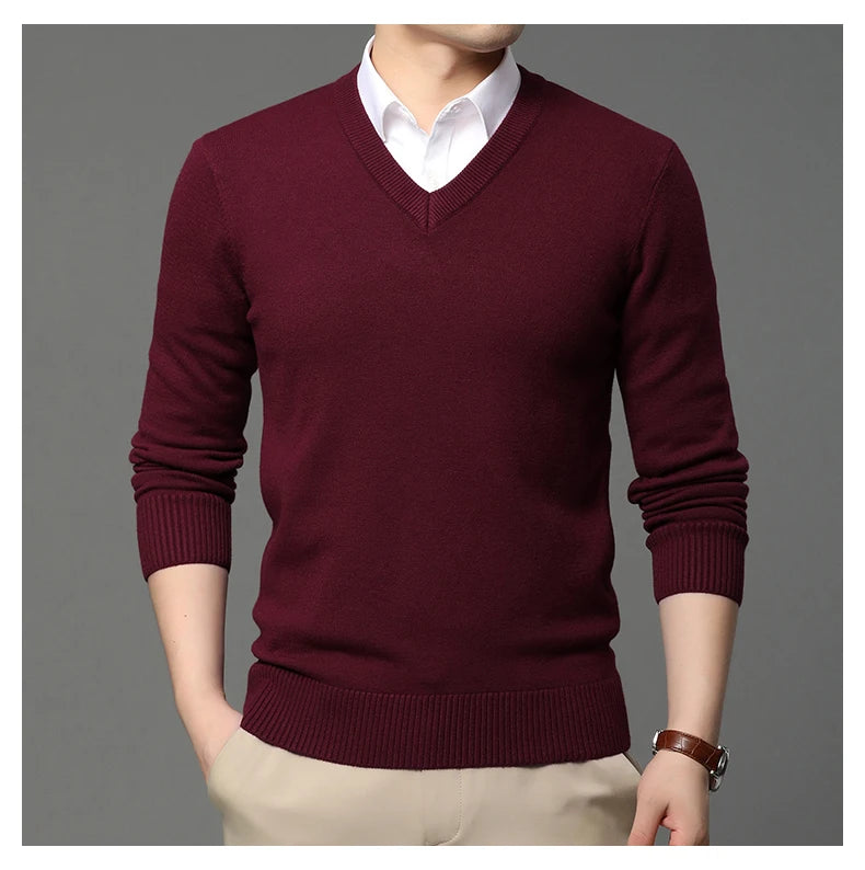 Men's High Quality Fashion Brand, Woollen Knit Pullover V-Neck Sweater, Autumn and Winter Casual Male Jumper