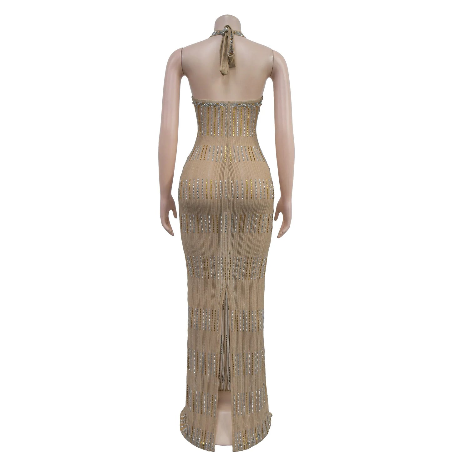 Women's Sexy Halter Sleeveless Backless Embroidered Flares Rhinestone Decor Floor-length Party Dress