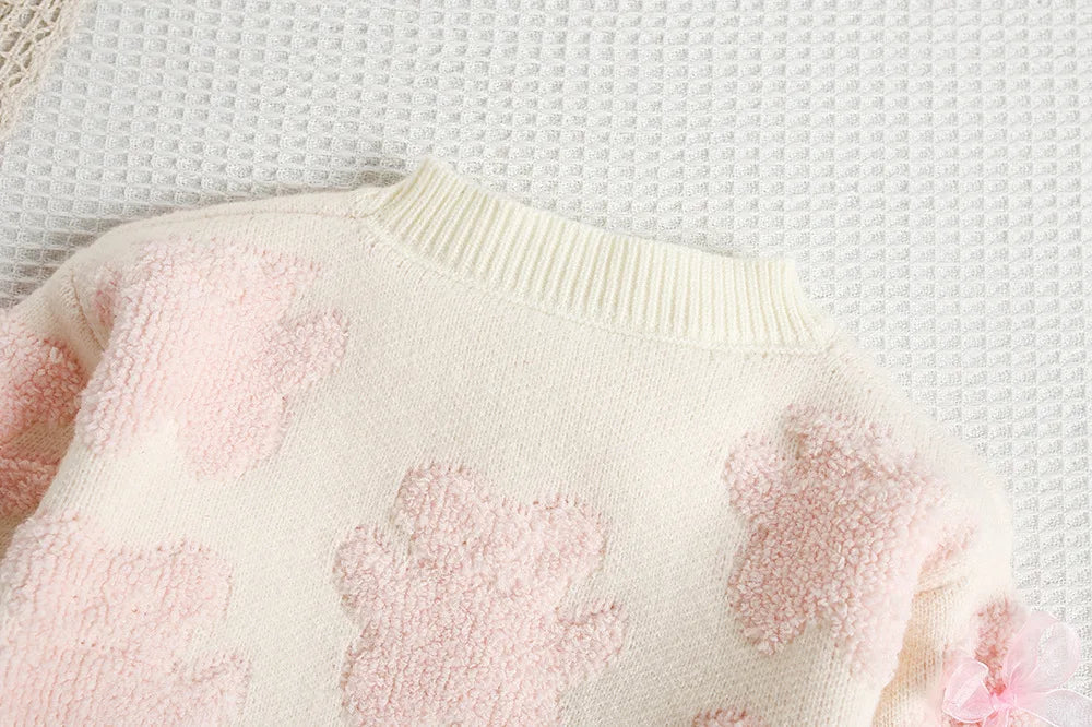 Autumn Kids Outfit 2PCS Set Sweet Bear Bow Girl's Knitted Sweater And Mesh Skirt Korean Loose Children's Clothing 9M-5T Girls