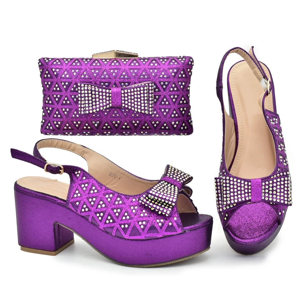 African Women Wedding Shoes and Bag Set Decorated with Rhinestone Africa Shoe and Bags Set Wedges Shoes for Women